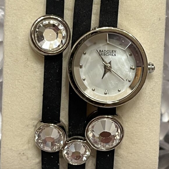 Badgley Mischka Black Leather Band with crystals Watch - Picture 2 of 10